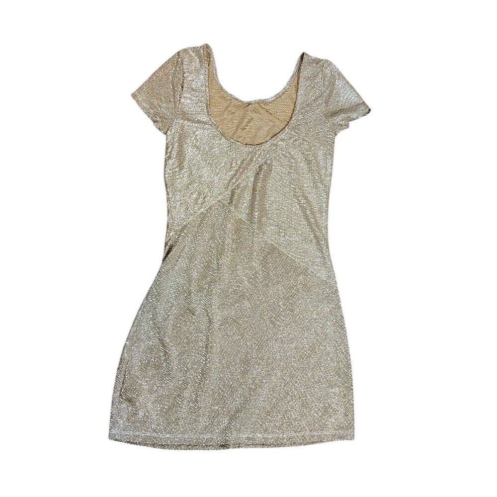 Free People Gold Metallic Shimmer Bodycon Mini Dress Low Back Party Club Size S - Picture 2 of 7